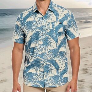 Hurley Men's Tropical Print Blue Patio Button Down Short Sleeve Shirt - Small